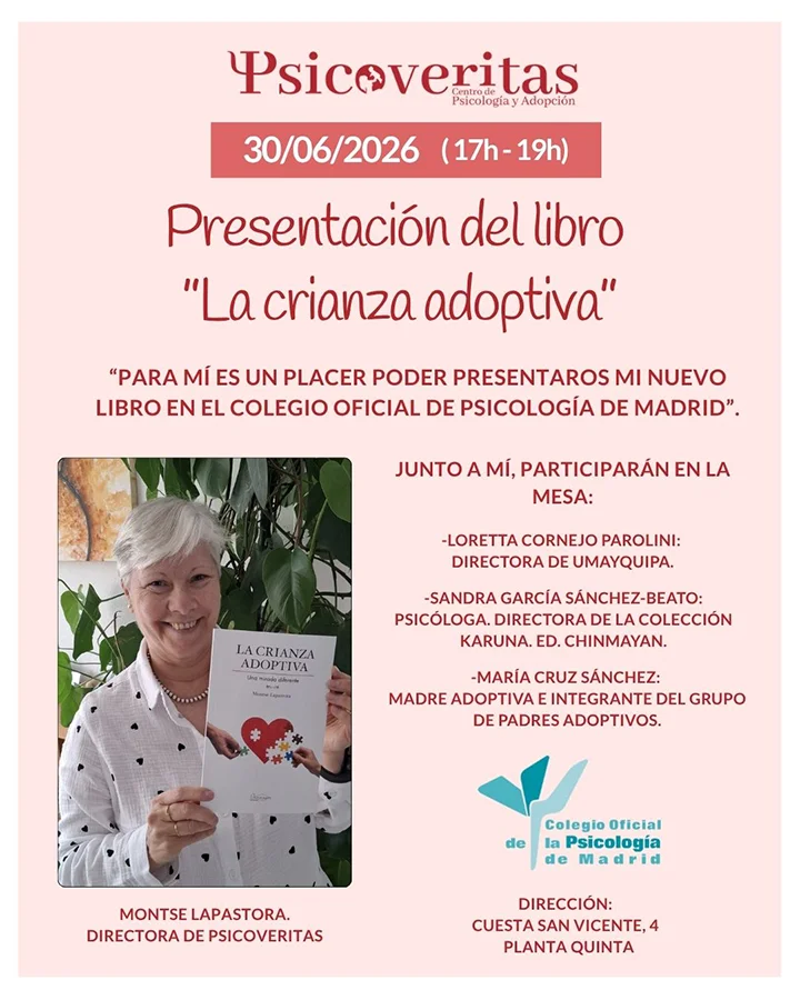 Presentación libro La crianza adoptiva de Montse Lapastora Cartel de presentación libro La crianza adoptiva de Montse Lapastora